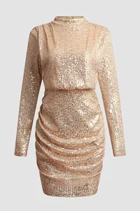 Elegant long sleeve rose gold sequin mini dress with high neck and ruched detail.