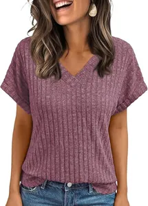 Casual dames-T-shirt met korte mouwen en V-hals in geribbelde paarse stof detail