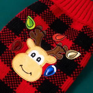 Festive Christmas reindeer plaid dog sweater featuring colorful light bulb embroidery details