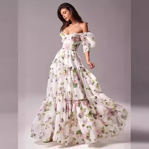 Elegant off-shoulder organza floral maxi dress with tiered skirt and puff sleeves