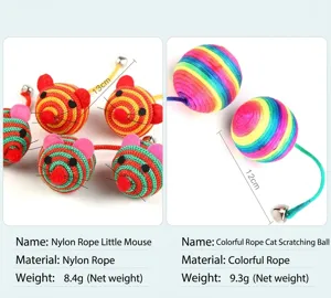 Detail showing nylon rope mouse and rainbow ball cat toys with weight and size specifications.