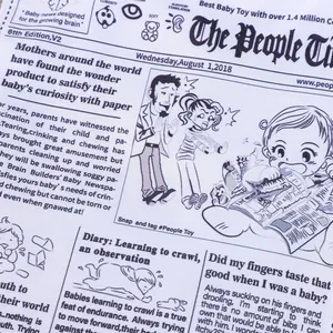 Detailed view of crinkle fabric newspaper dog toy with funny cartoon illustrations