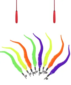 Detailed view of colorful worm plush cat toy refills with bells and wand handles.