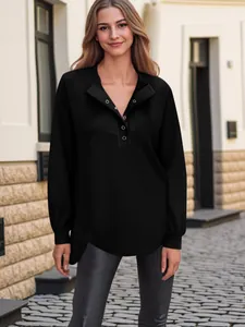 Casual zwart damessweatshirt met lange mouwen, knoopsluiting en henley-hals