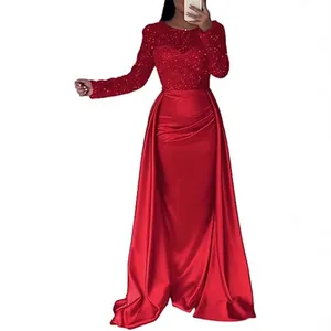 Elegant red long sleeve sequin evening gown with satin overskirt for formal gala events