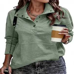 Casual women's green sweatshirt with button stand collar and front pocket detail