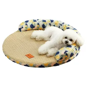 Breathable summer pet cooling mat for dogs and cats featuring a patterned neck bolster