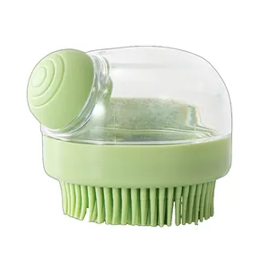 Green silicone pet bath brush with transparent soap dispenser for dogs and cats