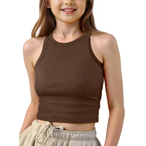 Detailed shot showing the texture of children's brown ribbed sleeveless crop top vest