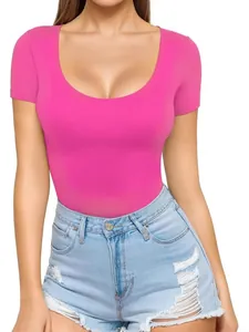 Sexy hot pink low scoop neck short sleeve slim fit t-shirt bodysuit top for women
