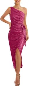 Close-up of sparkling magenta one-shoulder sequin dress with side slit detail