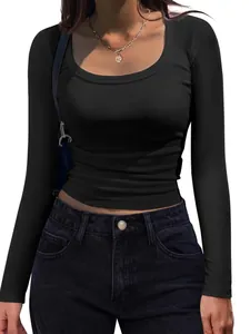 Detailed view of women's black ribbed long sleeve slim fit T-shirt with square neck