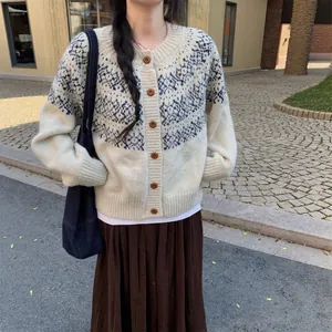 Cardigan Jacquard Fair Isle pour Femme Pull Coupe Décontractée Cachemire Maille Col Rond Boutonné Style Collège Top