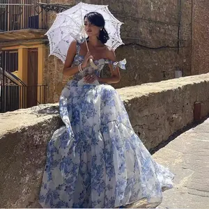 Elegant floral organza maxi dress with off-shoulder bow straps for summer events