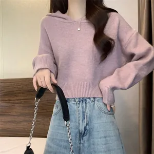 Élégant pull à capuche court violet pour femme avec texture tricotée douce et coupe décontractée
