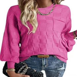 Womens casual pink textured knit round neck sweater featuring a chest pocket detail