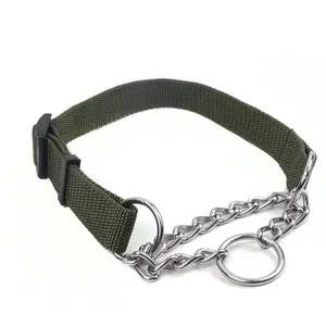 Heavy-duty olive green nylon and metal chain martingale collar for large dogs training