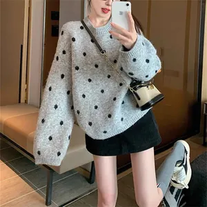 Maglione Donna Vintage a Pois Girocollo in Misto Lana Vestibilità Larga Manica Lunga Maglieria per Autunno Inverno
