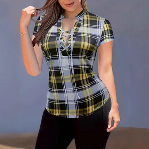 Fashionable slim fit plaid short sleeve top with stand collar and front lace-up detail
