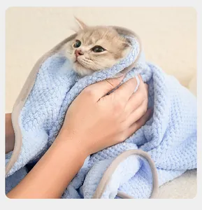 Close-up of a cute kitten wrapped in a soft, thick light blue absorbent pet bath towel.