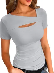 Detailed view of the irregular cut-out neckline on a grey ribbed slim-fit T-shirt