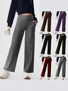 Women High Waist Straight Leg Yoga Pants Elastic Athletic Workout Trousers With Pockets Solid Color Sportswear