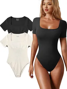 Women's slim fit ribbed short-sleeve bodysuit yoga workout romper with square neck