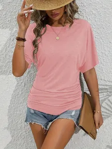Pink slim fit T-shirt for women with elegant side ruching and classic round neck design
