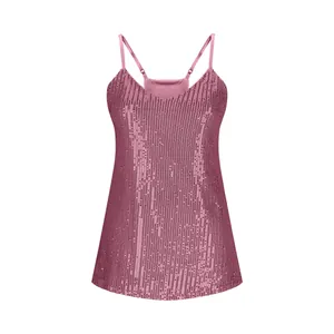 Elegant pink sequined V-neck sleeveless camisole top with shiny reflective texture