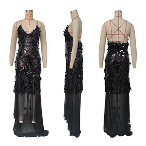 Detailed multi-angle views of a sexy black V-neck backless sequined mermaid evening gown