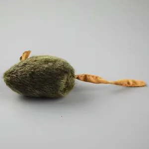 Realistic green plush mouse cat toy with a long brown tail for fun interactive play.