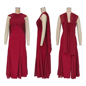 Robe longue en mousseline bordeaux sans manches avec rubans, vues de face, côté et dos