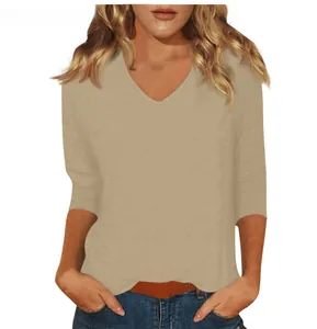 Detailed view of a women's casual khaki V-neck t-shirt with three-quarter sleeves