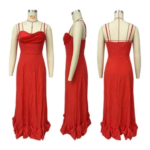 Front, side, and back view of red spaghetti strap maxi dress with ruffle hem