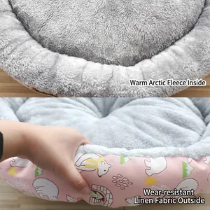 Warm plush pet bed with durable linen outer fabric and soft arctic velvet lining