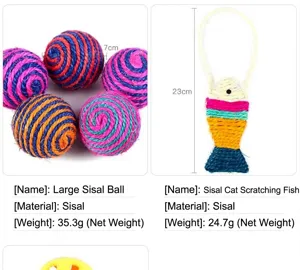 Specifications for colorful sisal balls and fish-shaped cat toy with measurements