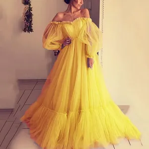 Women Elegant Off-Shoulder Tulle Mesh Maxi Dress Vintage Puff Sleeve Flared Evening Gown For Wedding Banquet Party Dresses