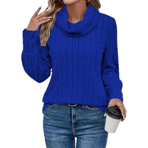 Elegant women's royal blue cowl neck ribbed sweater long sleeve top for autumn winter