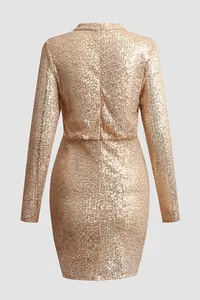 Back view detail of a sparkling gold sequined long sleeve mini dress with stand collar