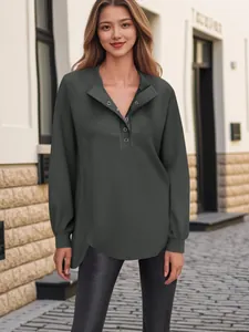Casual antracietgrijze henley-sweater voor dames met knoopjes en lange mouwen.