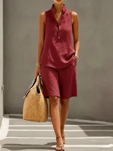 Classic burgundy linen two-piece set with sleeveless button-up top and shorts