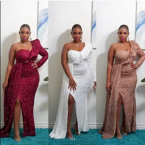 Women Elegant One Shoulder Sequin Maxi Dress High Slit Ruffle Long Sleeve Evening Gown For Banquet Party Wedding African