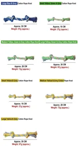 Multi-colored cotton rope dog chew toys available in small, medium, and large sizes