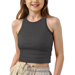 Detailed front view of kids' dark grey ribbed sleeveless crop top for summer fashion