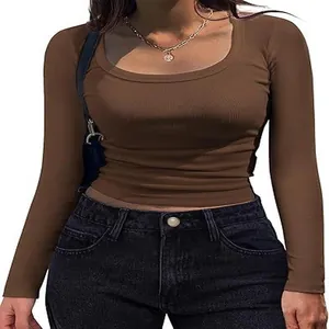 Close-up of women's slim fit ribbed long sleeve T-shirt with square neck in coffee brown