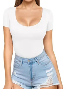 Sexy white low scoop neck short sleeve slim fit bodysuit for women casual summer top