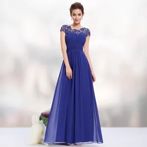 Elegant royal blue lace evening gown with pleated waist and flowing A-line skirt