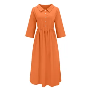 Detailed front view of a vibrant orange solid color cotton linen loose casual midi dress