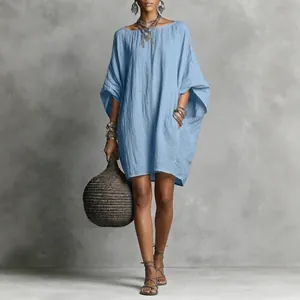 Light blue loose batwing sleeve cotton linen dress for summer fashion