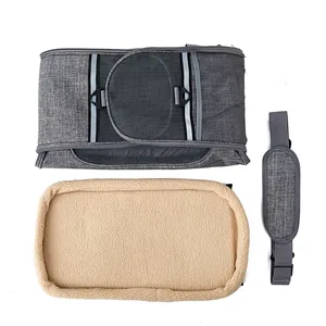 Professional foldable grey pet carrier set with breathable mesh and soft fleece mat for cats
